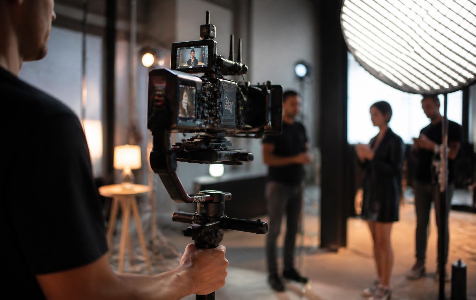Cinema camera on a gimbal during a brand commercial shoot