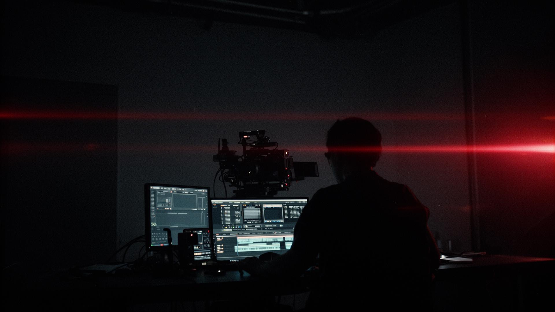 Cinematic studio environment with editing console and red light